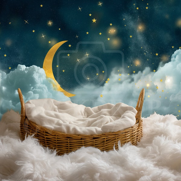 Newborn Digital Backdrop Dreamy Night Sky Background Moon Stars Clouds Baby Composite Photography Portrait