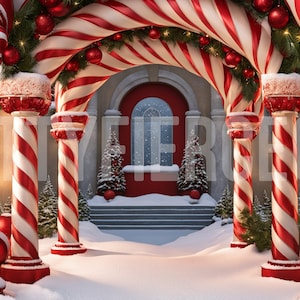 May include: A red and white candy cane archway with red and white striped pillars, decorated with red baubles and green garland, leading to a red door with a snowy window. The archway is covered in snow.
