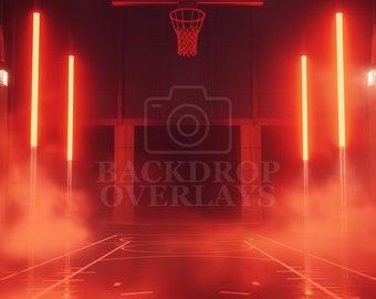 May include: A basketball court bathed in red light, with a hoop and net centered above the court. Vertical and horizontal neon lights illuminate the scene, creating a dramatic atmosphere. The words "BACKDROP OVERLAYS" are visible.