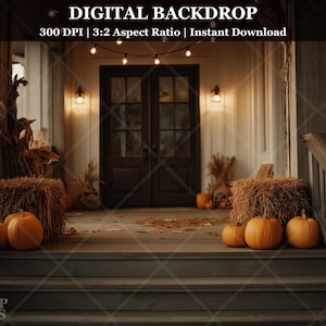 May include: A digital backdrop featuring a rustic porch decorated for autumn. The scene includes pumpkins, hay bales, and string lights. The text "DIGITAL BACKDROP" and other details are visible at the top and bottom of the image.