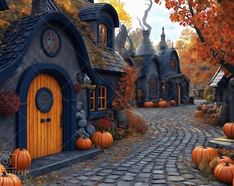 May include: A whimsical autumn scene featuring quaint, dark blue houses with orange doors and windows. Pumpkins line the cobblestone path, and trees display vibrant fall foliage. The image evokes a cozy, Halloween-themed atmosphere.