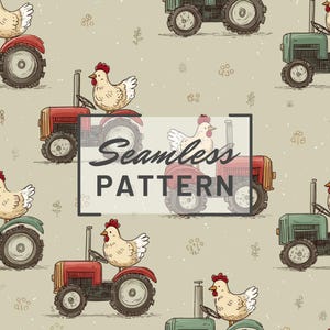 May include: Seamless pattern featuring red and green tractors with chickens. The tractors have large wheels and are set against a beige background with small floral and leaf accents. The text "Seamless Pattern" is overlaid.