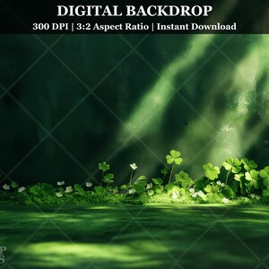 May include: A digital backdrop featuring a green background with a light green grassy area in the foreground. The background has a textured look and is illuminated by beams of light. The grassy area is covered with small green leaves and white flowers.
