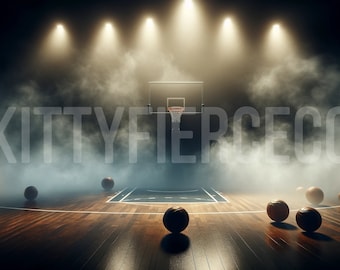 May include: A basketball court with a hoop at the end of the court. The court is lit by spotlights and there is smoke in the air. There are several basketballs on the court.