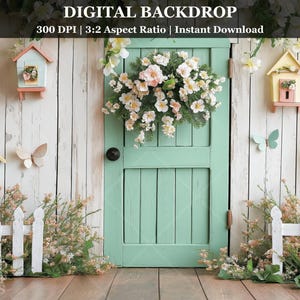 May include: A digital backdrop featuring a white picket fence, a green door with a floral wreath, and several birdhouses with pink and white flowers. The background is a white wooden wall with a rustic look.