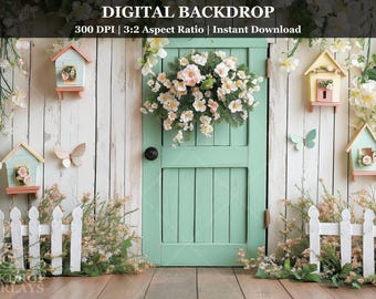 May include: A digital backdrop featuring a white picket fence, a green door with a floral wreath, and several birdhouses with pink and white flowers. The background is a white wooden wall with a rustic look.