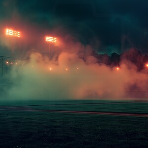 May include: A nighttime baseball field scene with bright stadium lights illuminating the field and a hazy, atmospheric fog. The lights cast an orange glow over the field, creating a dramatic and moody atmosphere. The grass is green, and the sky is dark.