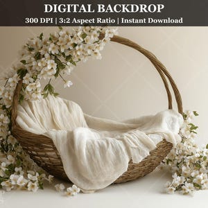 Newborn Digital Backdrop Floral Basket Photography Prop Neutral Cream Background for Baby Photo Editing