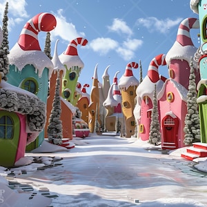 Cenário Digital de Natal | Fundo digital lunático de Ville dos desenhos animados | Sobreposições de cenário para retratos de férias infantis