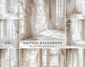 May include: A collection of digital backdrops featuring elegant, light-filled rooms with large windows and sheer white curtains. Delicate floral arrangements cascade down the windows, creating a soft, romantic atmosphere. The text "DIGITAL BACKDROPS by BackdropOverlays" is visible.