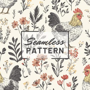 May include: A seamless pattern featuring a black and white rooster with a yellow comb and wattle, surrounded by black and white floral illustrations on a cream background.