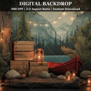 May include: A digital backdrop featuring a rustic scene with wooden crates, a red canoe, and a lantern. The background is a mountain range with a lake in the foreground. String lights are strung across the scene, adding a warm glow.