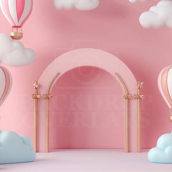 Studio Digital Backdrop 1st Birthday Cake Smash Digital Background Pink Hot Air Balloons Backdrop Overlay CakeSmash