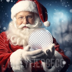 May include: Santa Claus in a red suit and hat, holding a clear glass sphere with a transparent center. He has a white beard, glasses, and white gloves. Snowflakes fall in the background, creating a winter scene.