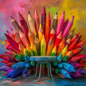 Colorful Pencil Throne Digital Backdrop Art Studio Photo Prop Creative Photography Background Back to School Portrait