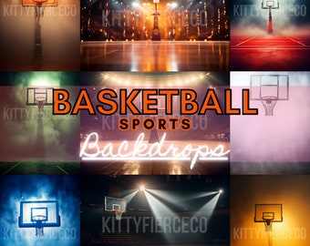 May include: A collage of nine images featuring basketball backdrops. The images show a basketball hoop with a net, a basketball court, and a spotlight shining on the court. The text "Basketball Sports Backdrops" is displayed in the center of the collage.