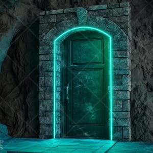 May include: A dark green door with a metal handle is set in a stone archway. The archway is illuminated with a bright turquoise neon light.