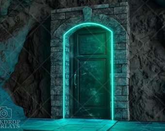 May include: A dark green door with a metal handle is set in a stone archway. The archway is illuminated with a bright turquoise neon light.