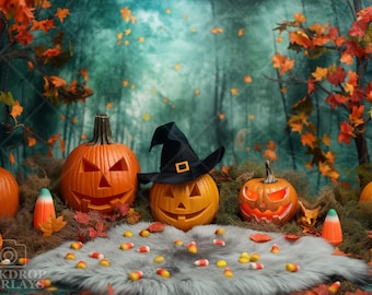 May include: A Halloween scene with four jack-o'-lanterns, one wearing a witch's hat, surrounded by fall leaves and candy corn on a gray furry surface.