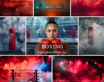 May include: A boxing ring with red smoke and lights. The ring is surrounded by a crowd of people. The image is a backdrop overlay for photos and videos.