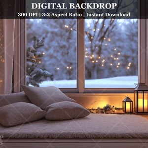 May include: A digital backdrop featuring a cozy window seat with white pillows and a fluffy rug. The window looks out onto a snowy winter scene with a small Christmas tree and twinkling lights. The text "DIGITAL BACKDROP" is at the top of the image.