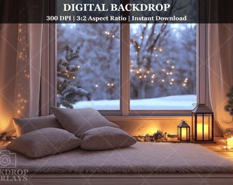May include: A digital backdrop featuring a cozy window seat with white pillows and a fluffy rug. The window looks out onto a snowy winter scene with a small Christmas tree and twinkling lights. The text "DIGITAL BACKDROP" is at the top of the image.
