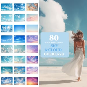 Op de afbeelding: Een verzameling van 80 high-resolution sky en cloud overlays. De afbeelding toont verschillende luchtachtergronden, van helderblauwe luchten met witte wolken tot kleurrijke zonsondergangen. Een persoon in een witte jurk staat op een strand.