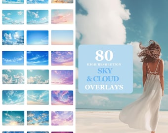 May include: A collection of 80 high-resolution sky and cloud overlays. The image features a variety of sky backgrounds, from bright blue skies with fluffy white clouds to colorful sunsets. A person in a white dress stands on a beach.