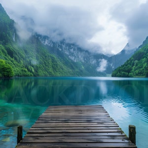 May include: A wooden dock extends out over a calm, blue lake surrounded by lush green mountains. The water is clear and reflects the sky and mountains.