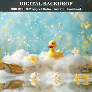 Rubber Duck Bubble Bath Kids Digital Backdrop Whimsical Blue And Yellow Bathtub Photography Background For Newborn Toddler Portraits