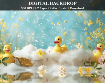 Rubber Duck Bubble Bath Kids Digital Backdrop Whimsical Blue And Yellow Bathtub Photography Background For Newborn Toddler Portraits