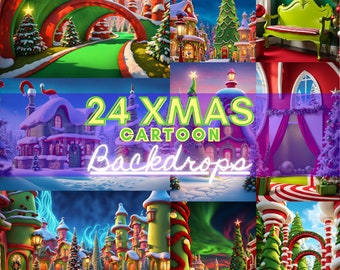 May include: A collection of 24 cartoon Christmas backdrops featuring whimsical scenes of snow-covered houses, candy cane arches, and festive trees. The backdrops are perfect for creating festive holiday photos.