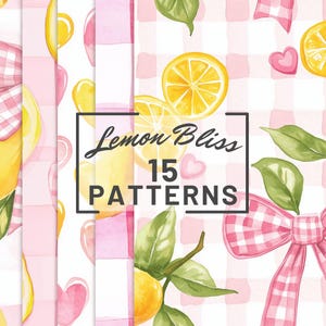 May include: A digital download of 15 seamless patterns featuring watercolor illustrations of lemons, leaves, pink gingham, and hearts. The text "Lemon Bliss 15 Patterns" is displayed in a black rectangle.