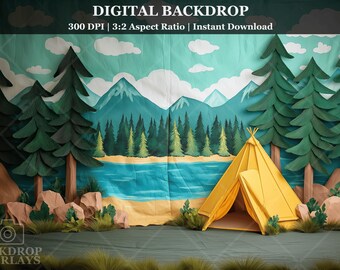 May include: A digital backdrop featuring a cartoon-style illustration of a lake, mountains, and pine trees. A yellow tent is in the foreground. The text "DIGITAL BACKDROP" is at the top of the image. The text "300 DPI | 3:2 Aspect Ratio | Instant Download" is below the title.