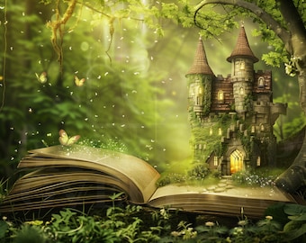 May include: A fairytale castle emerges from the pages of an open book, surrounded by lush greenery and sparkling lights. Butterflies flutter around the castle, creating a magical scene.