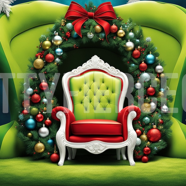 Christmas Digital Backdrop | Whimsical Green Throne Christmas Backdrop | Backdrop Overlays for Holiday Portraits