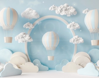 Studio Digital Backdrop 1st Birthday Cake Smash Digital Background Blue Hot Air Balloons Backdrop Overlay CakeSmash
