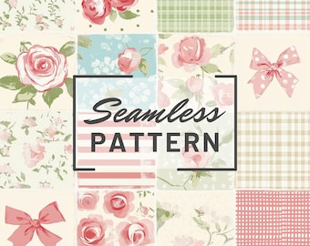 May include: A seamless pattern featuring a patchwork design with various floral patterns, including pink roses, green leaves, and white polka dots. The pattern is set against a background of pink, white, and green plaid.