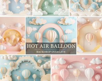 May include: A set of digital backdrops featuring hot air balloons in a whimsical, pastel-colored sky with clouds. The backdrops are perfect for creating a magical and dreamy atmosphere for photoshoots.
