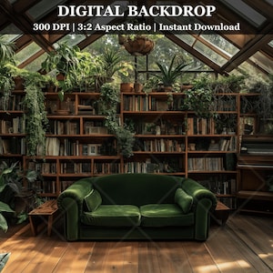 May include: A digital backdrop featuring a green velvet sofa in a sunlit greenhouse with a large bookshelf filled with books and plants. The backdrop is perfect for creating a cozy and inviting atmosphere in your photos.