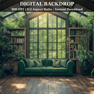 Könnte beinhalten: Ein grünes Samtsofa steht in einem Raum mit großen Fenstern, Bücherregalen voller Bücher und üppigen grünen Pflanzen. Der Raum hat einen Holzboden und ein großes Fenster mit Blick auf einen Wald.