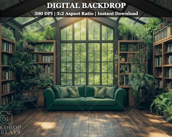 May include: A green velvet sofa sits in a room with large windows, bookshelves filled with books, and lush green plants. The room has a wooden floor and a large window with a view of a forest.