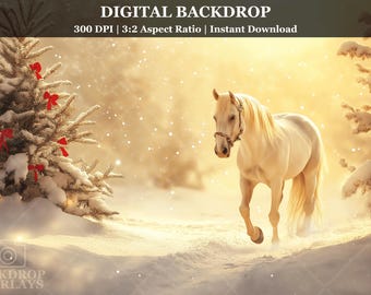 May include: A white horse with a blonde mane runs through a snowy winter forest. The horse is wearing a brown leather halter. The background is a soft golden color with falling snow.