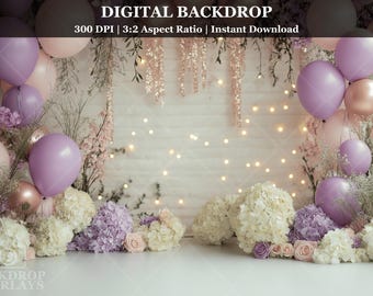 Blumengirlande Luftballons digitaler Hintergrund lila Geburtstag Fotografie Hintergrund Kuchen Smash Digital Studio Photo Prop