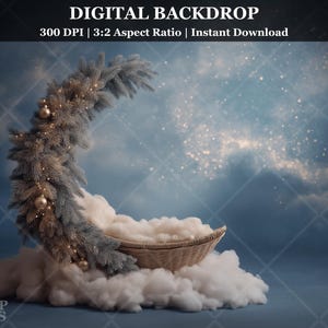 May include: A digital backdrop featuring a crescent-shaped arrangement of frosted pine branches adorned with gold ornaments and fairy lights. A woven basket rests on a cloud, set against a dreamy, cloudy sky. The text "DIGITAL BACKDROP" is at the top.