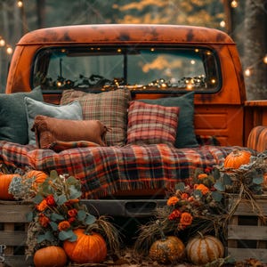 May include: A vintage truck bed decorated for fall with plaid pillows, a blanket, and pumpkins. The truck bed is surrounded by greenery and string lights.