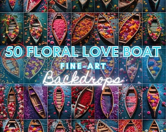 May include: 50 Floral Love Boat Fine-Art Backdrops. A collage of 50 images featuring wooden boats filled with colorful flower petals floating on turquoise water.