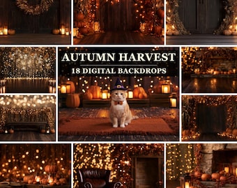 May include: A collection of 18 digital backdrops titled Autumn Harvest featuring various scenes with warm string lights, pumpkins, wooden textures, and a cat wearing a witch hat, all set against dark, rustic, and festive seasonal backgrounds.