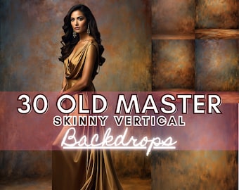 May include: 30 Old Master Skinny Vertical Backdrops. A collection of 30 digital backdrops with a textured, aged, and faded look in shades of brown, orange, and yellow.