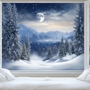 Snowy Winter Window Digital Backdrop Christmas Holiday Portrait Digital Background Festive Studio Prop